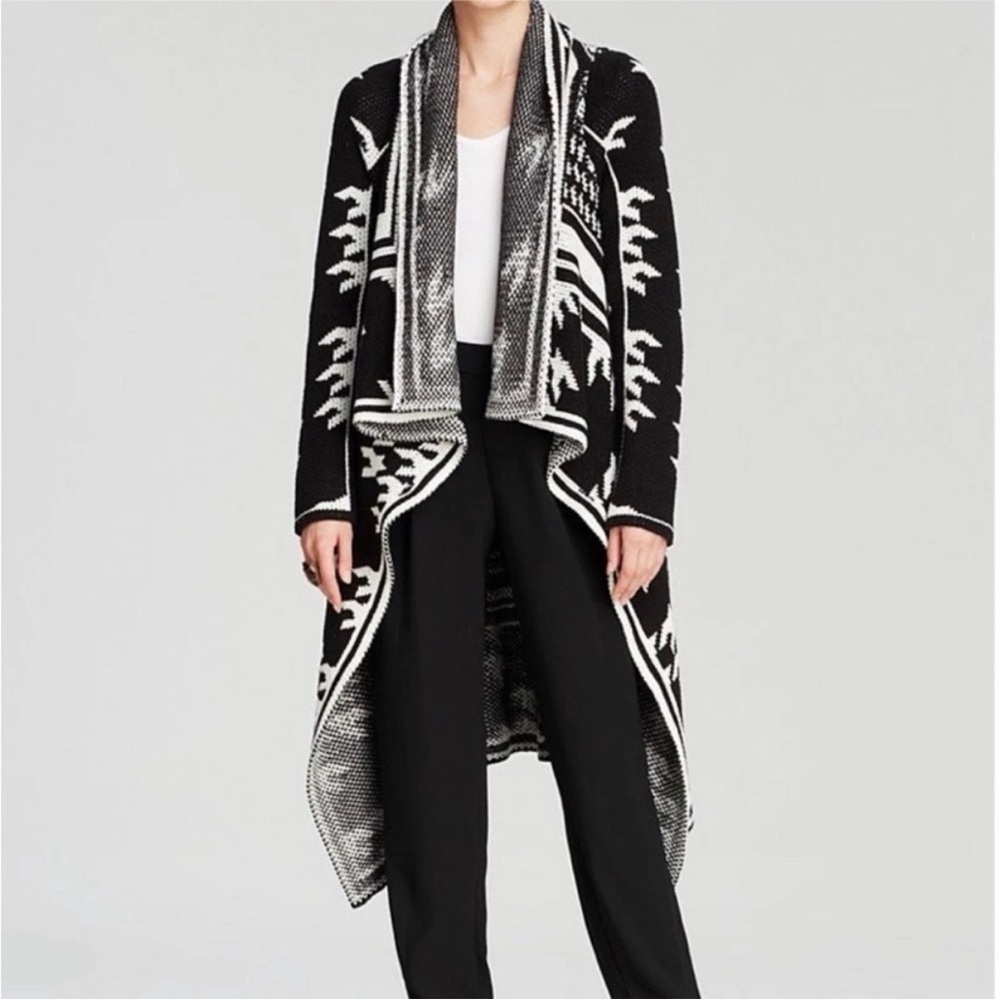 Calvin Klein Black White Aztec Boho Long Duster Cardigan Cape, one size
